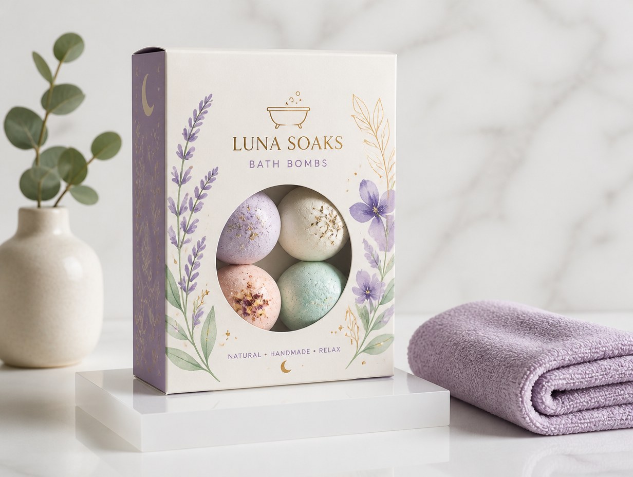 AI-generated bath bomb box mockup sample