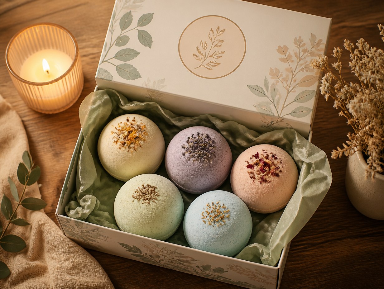 AI-generated bath bomb gift set mockup sample
