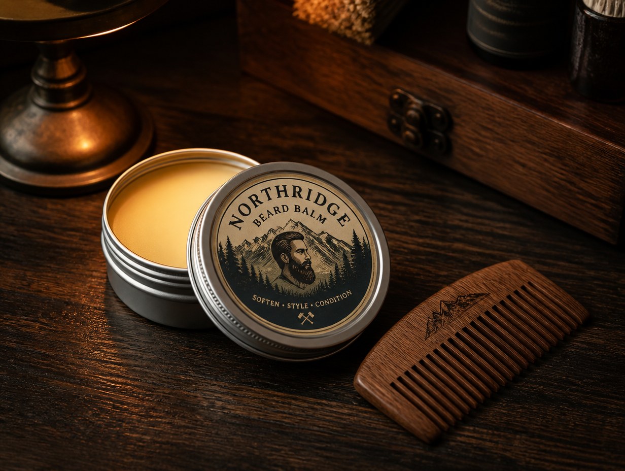 AI-generated beard balm tin mockup sample