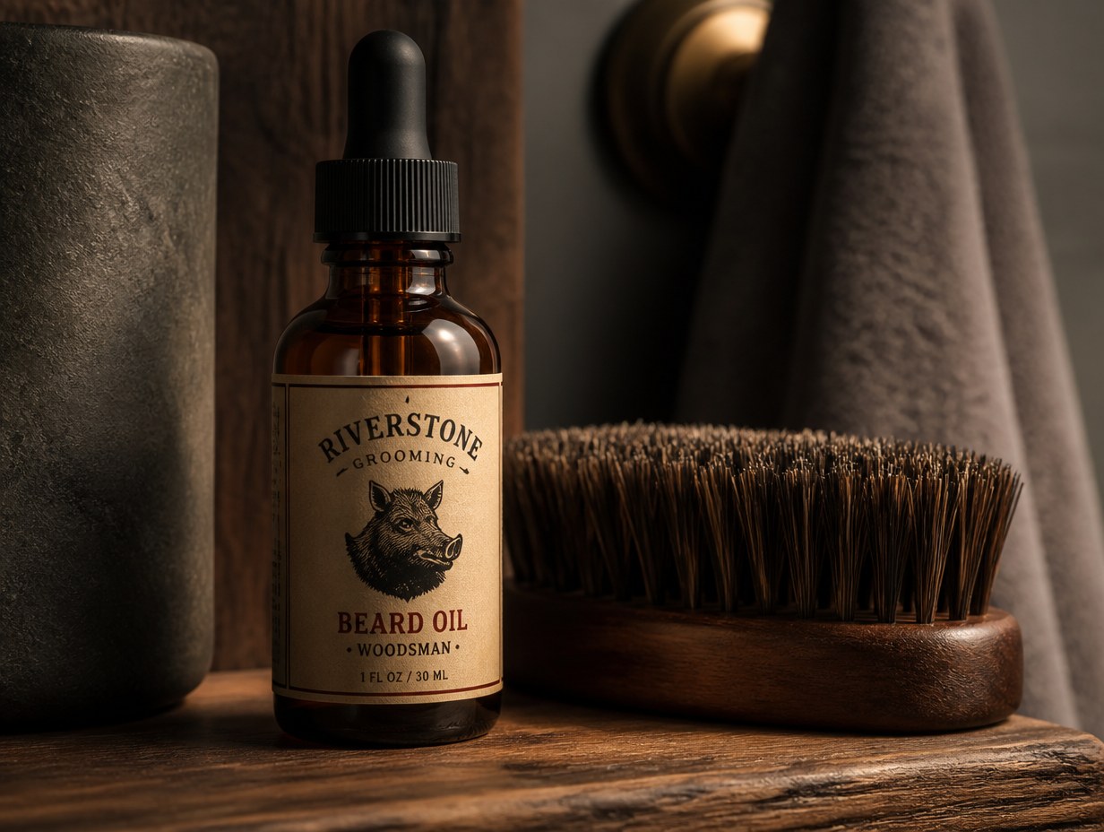 AI-generated beard oil label mockup sample