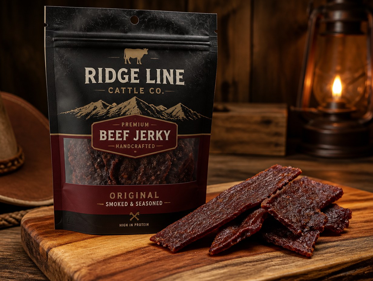 AI-generated beef jerky bag mockup sample