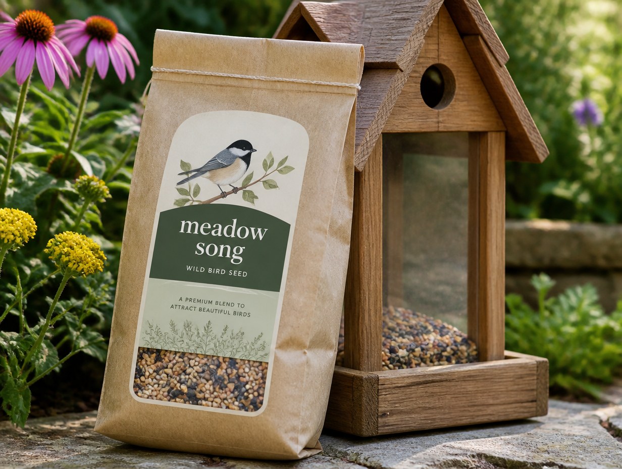 AI-generated bird seed label mockup sample