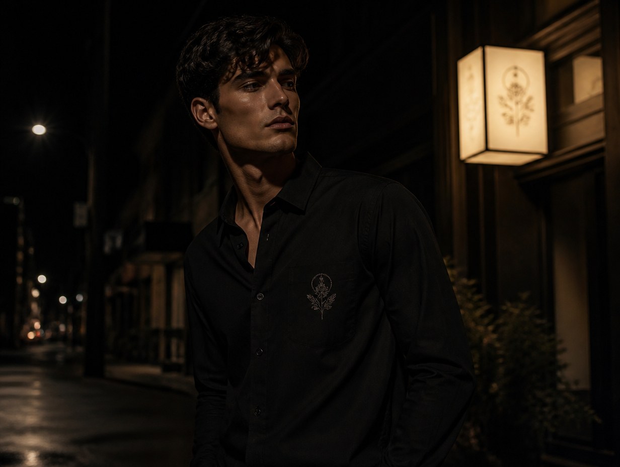 AI-generated black button-up shirt mockup sample