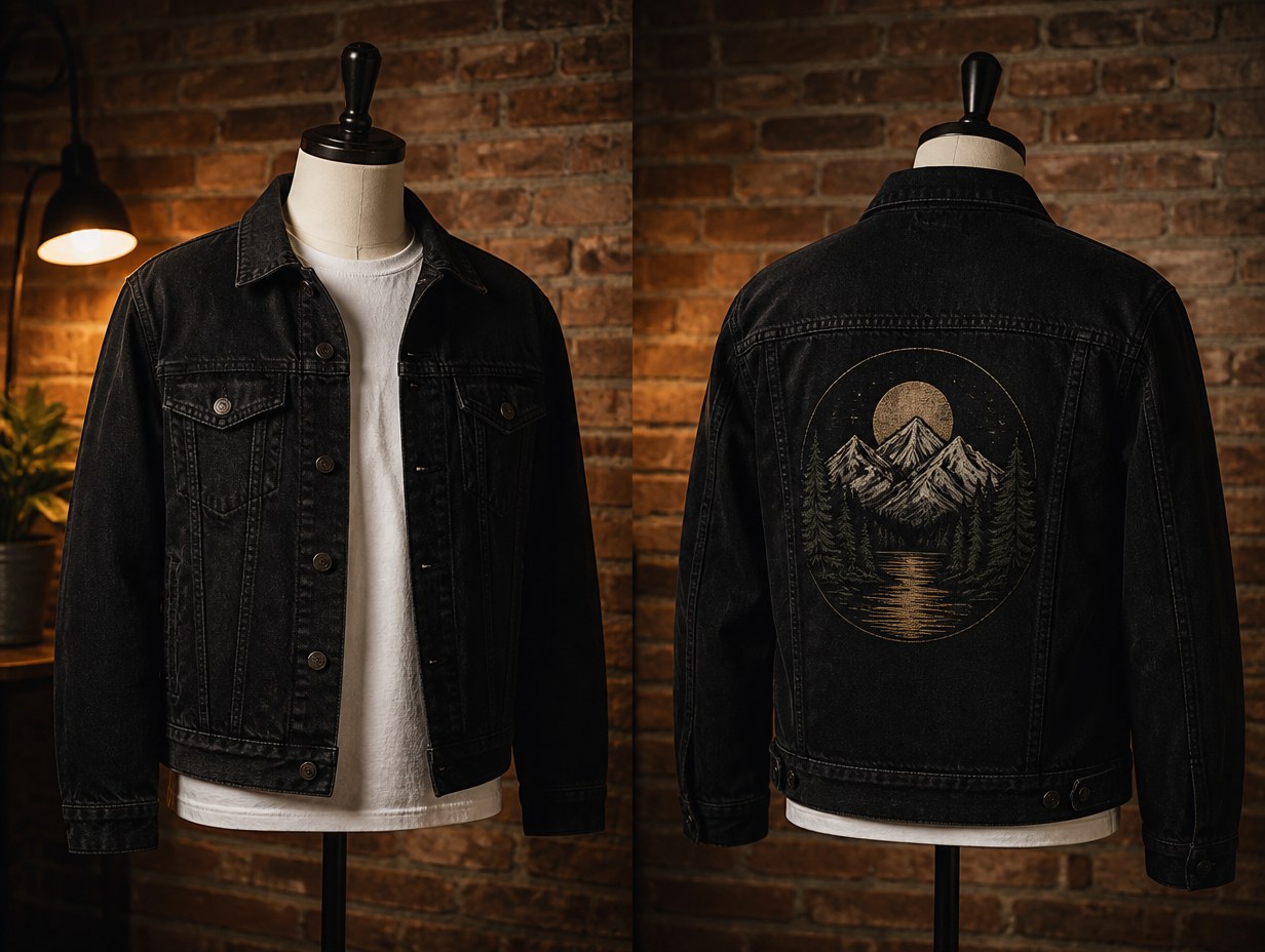 AI-generated black denim jacket mockup sample