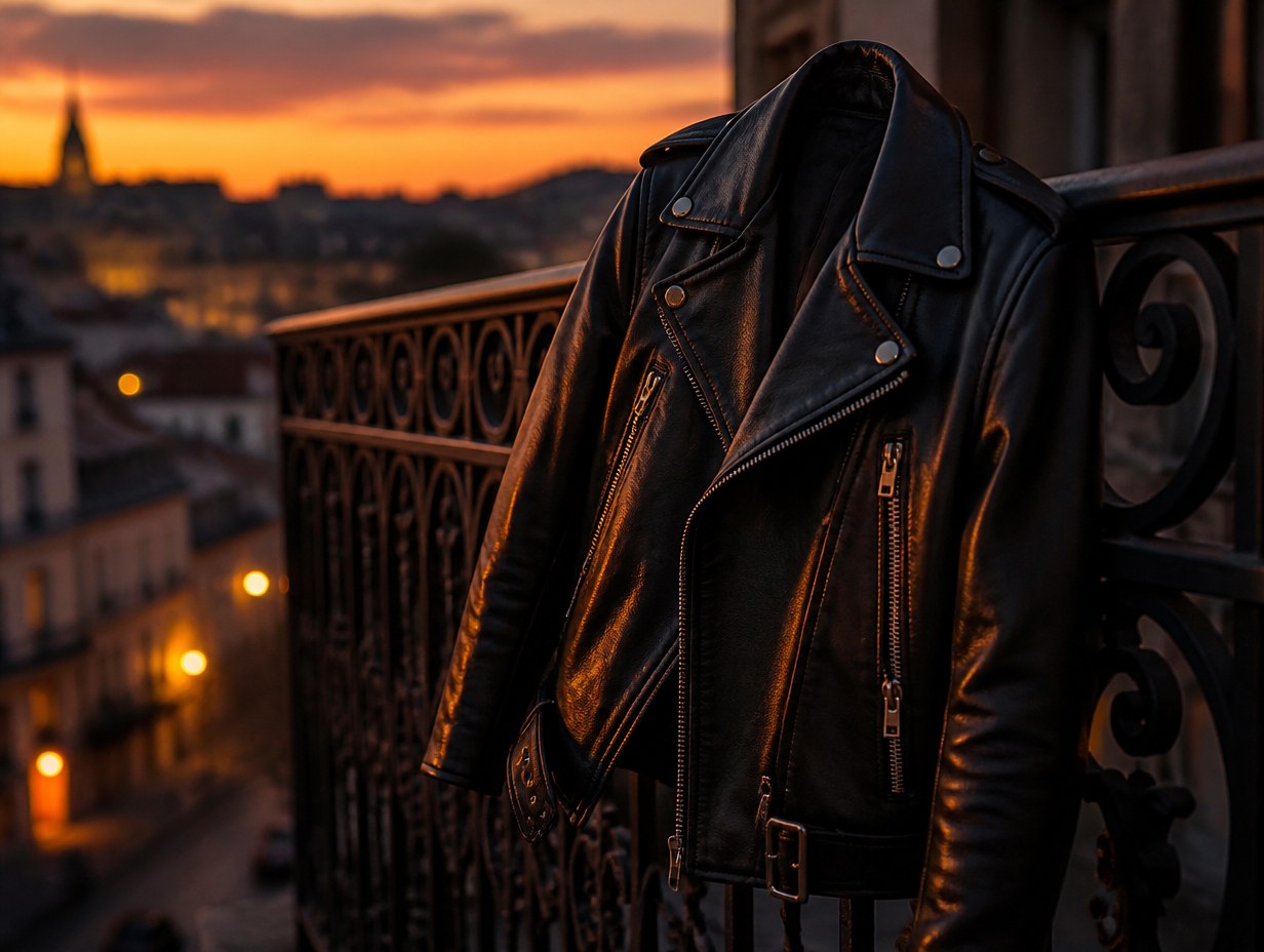 AI-generated black leather jacket mockup sample