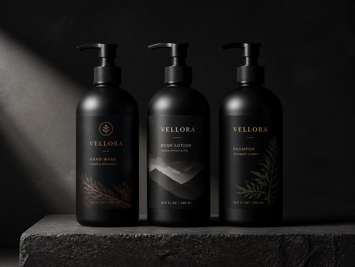 AI-generated black pump bottle set mockup sample