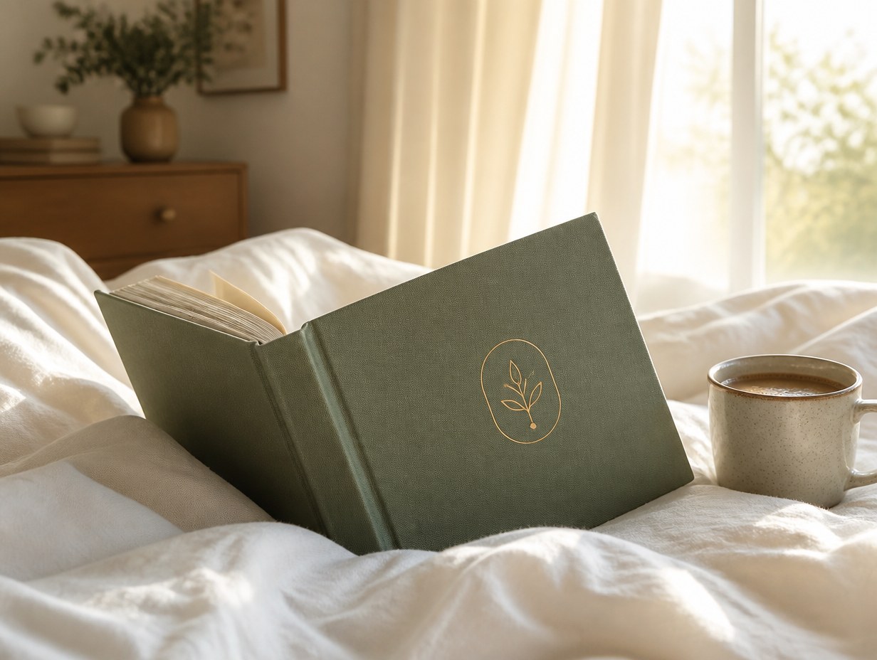 AI-generated book on bed mockup sample