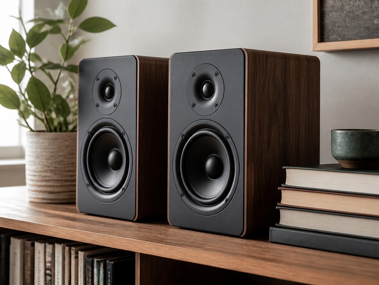AI-generated bookshelf speaker mockup sample