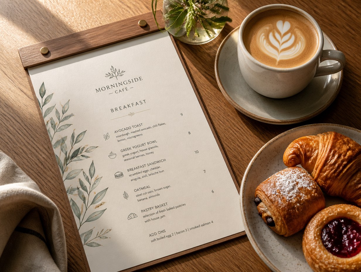 AI-generated breakfast menu mockup sample