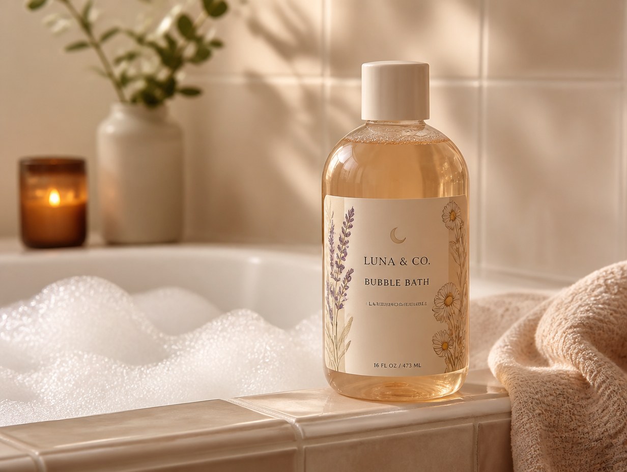 AI-generated bubble bath bottle mockup sample
