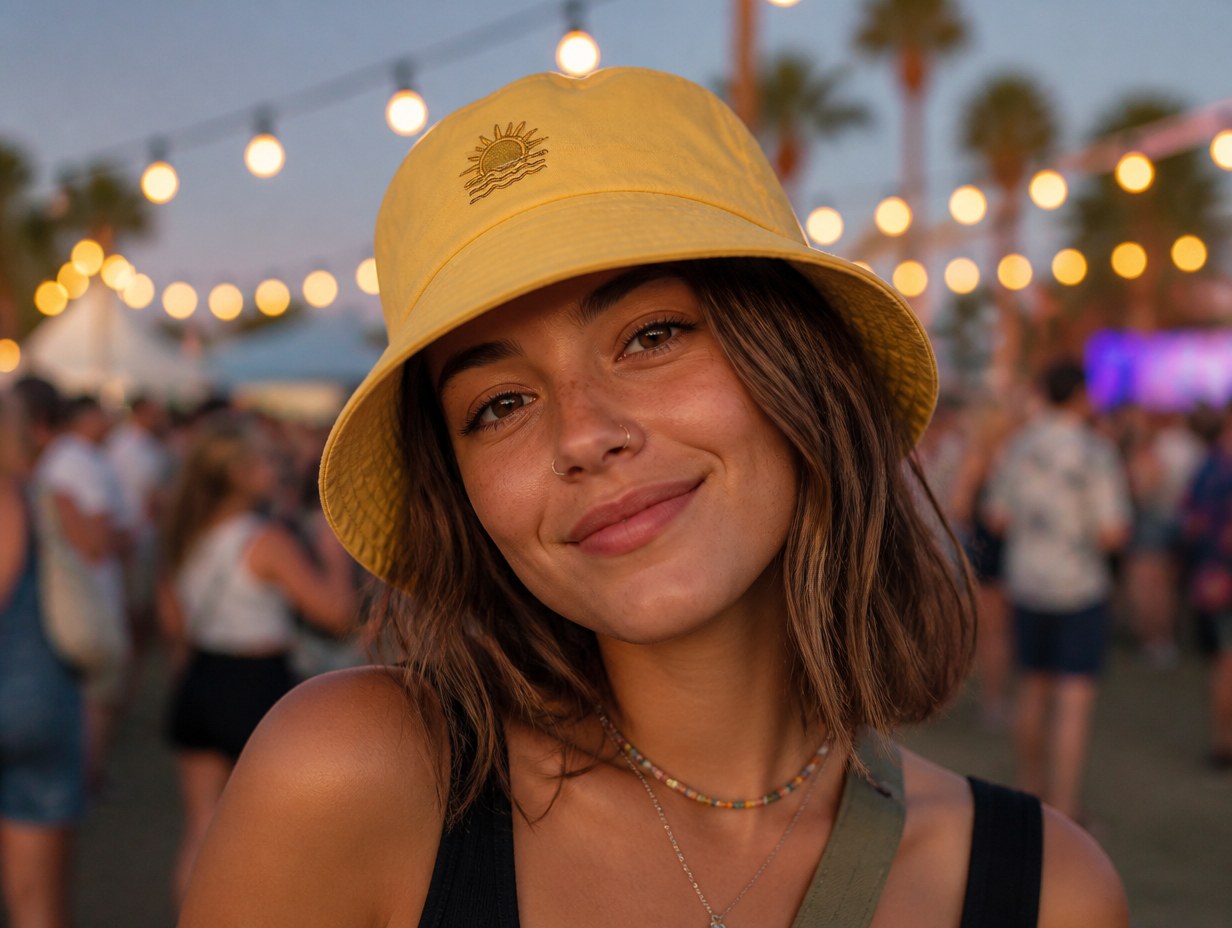 AI-generated bucket hat on model mockup sample
