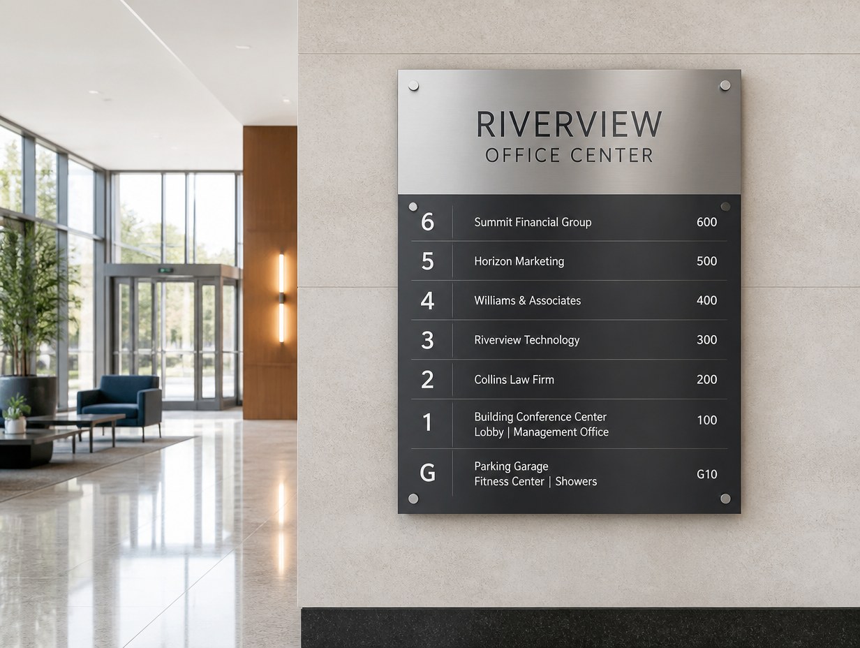 AI-generated building directory sign mockup sample