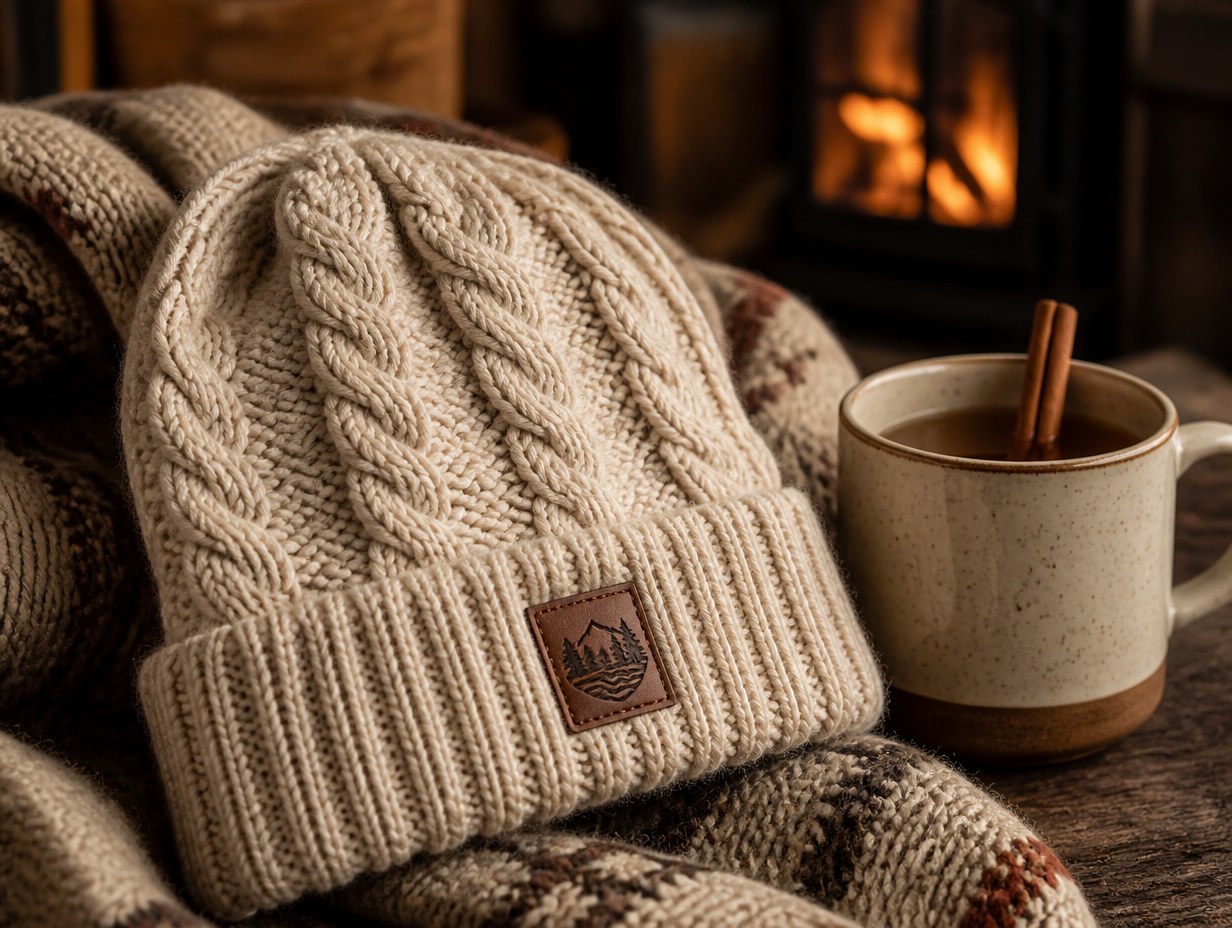 AI-generated cable knit beanie mockup sample