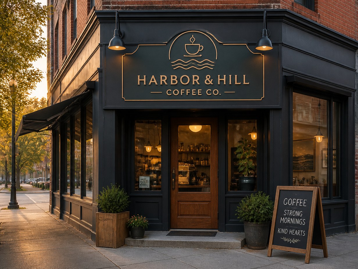 AI-generated café storefront sign mockup sample