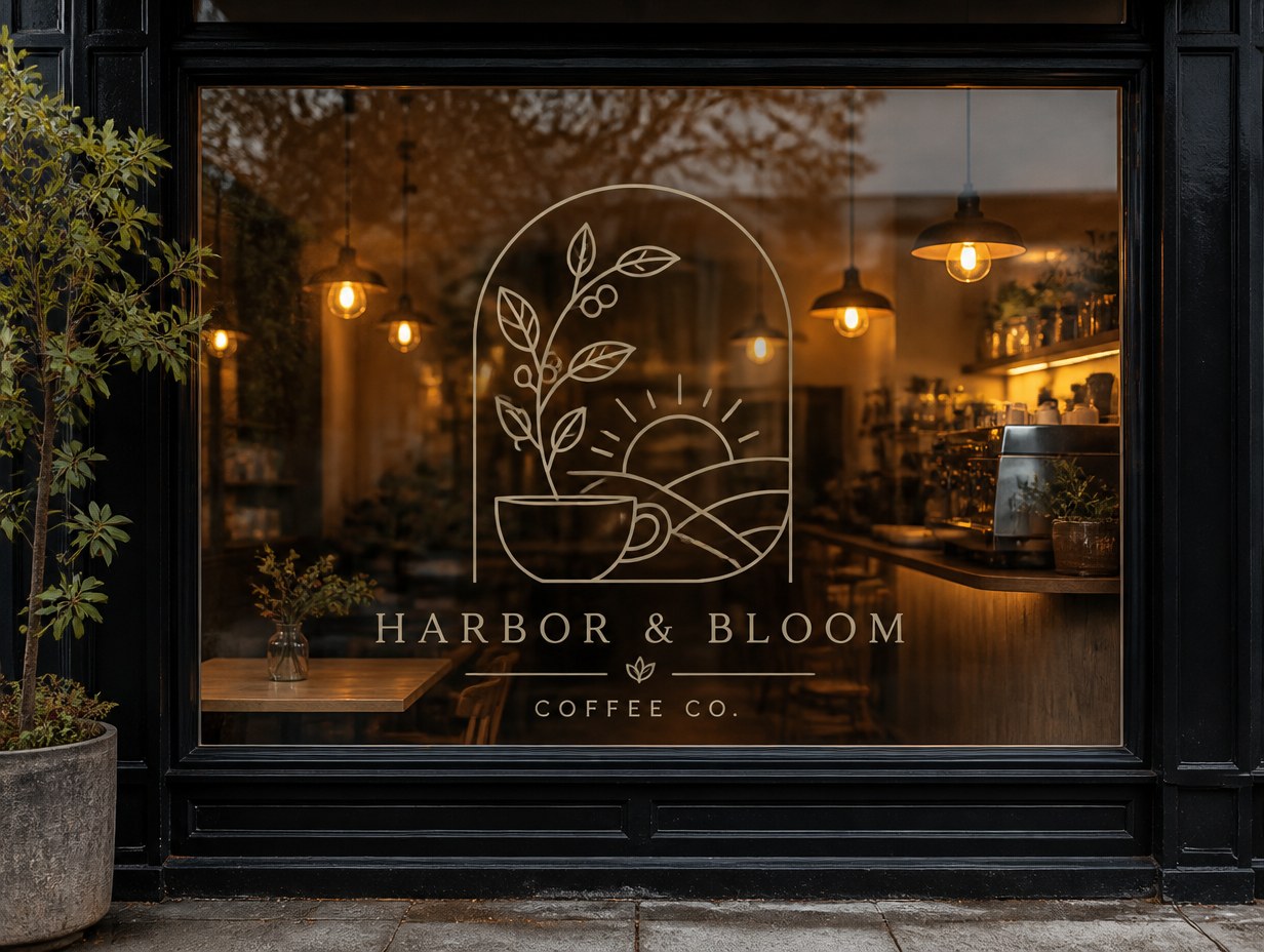 AI-generated café window decal mockup sample