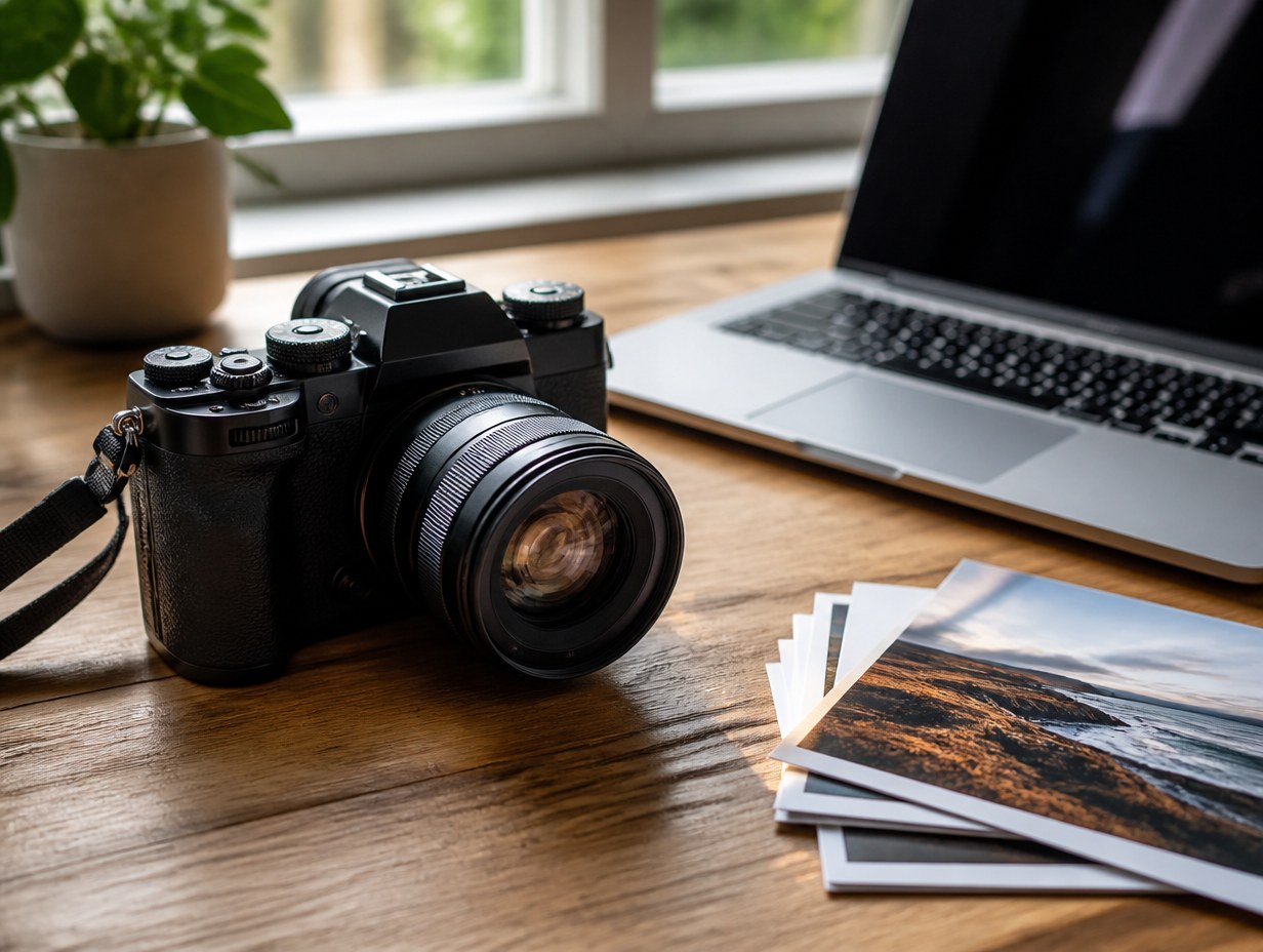 AI-generated camera on desk mockup sample
