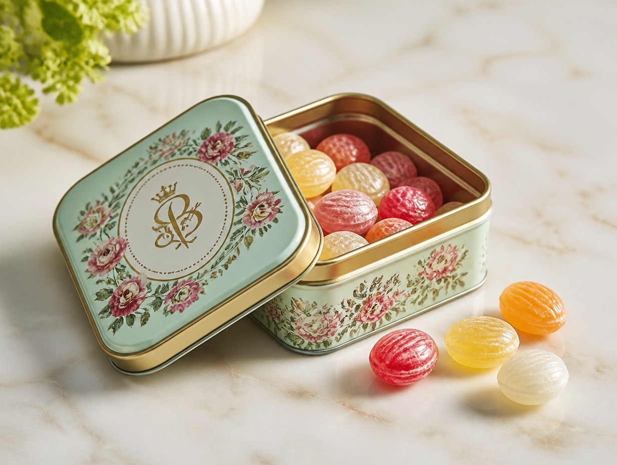 AI-generated candy tin mockup sample