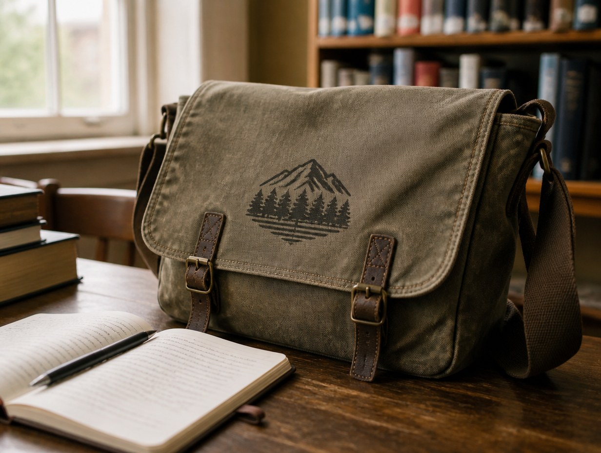 AI-generated canvas messenger bag mockup sample