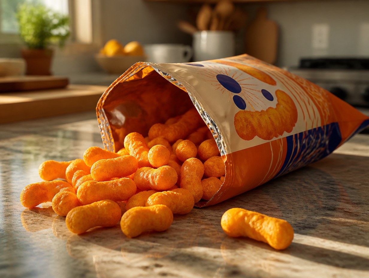 AI-generated cheese puff bag mockup sample