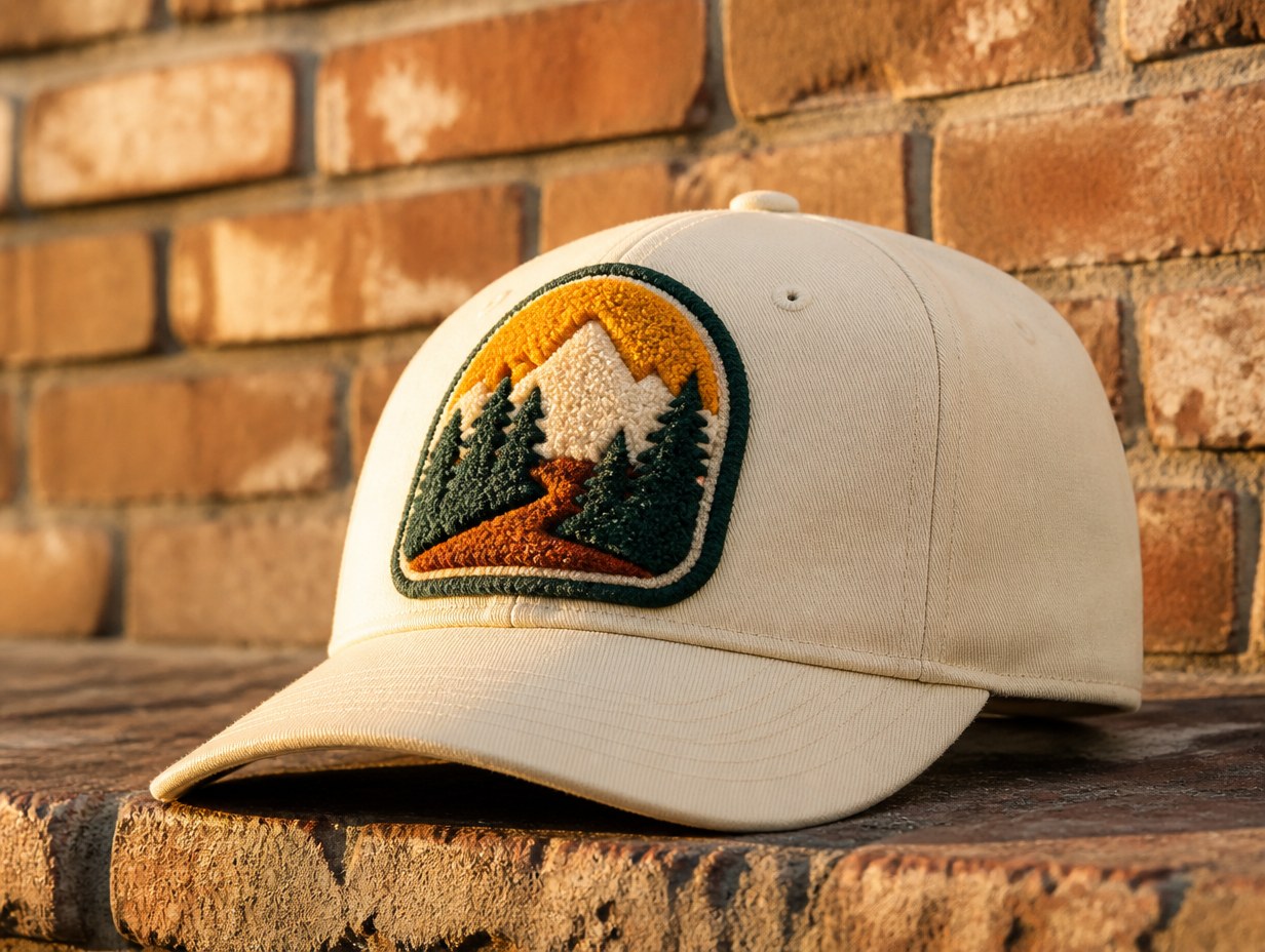 AI-generated chenille patch cap mockup sample