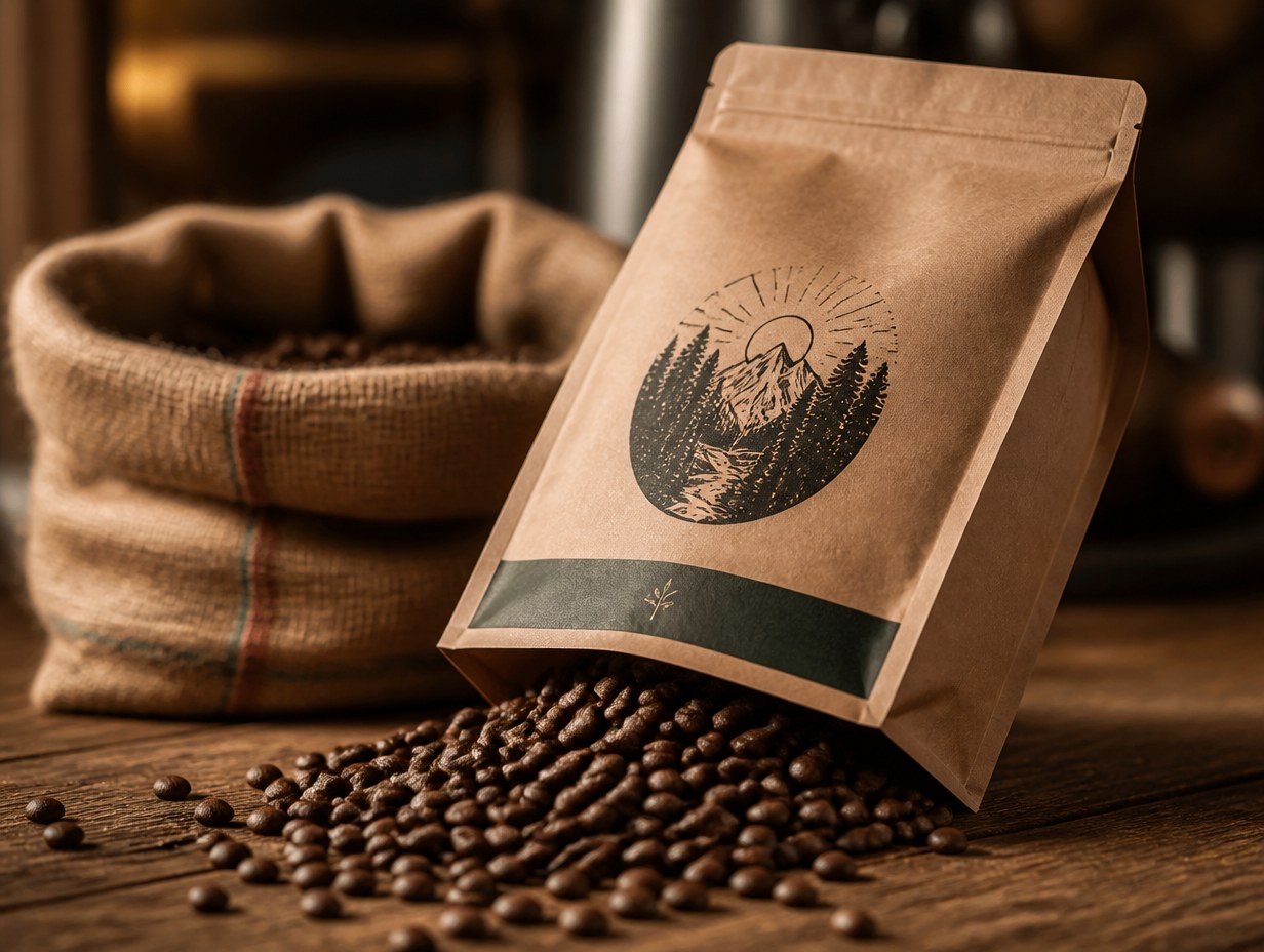 AI-generated coffee bean bag mockup sample