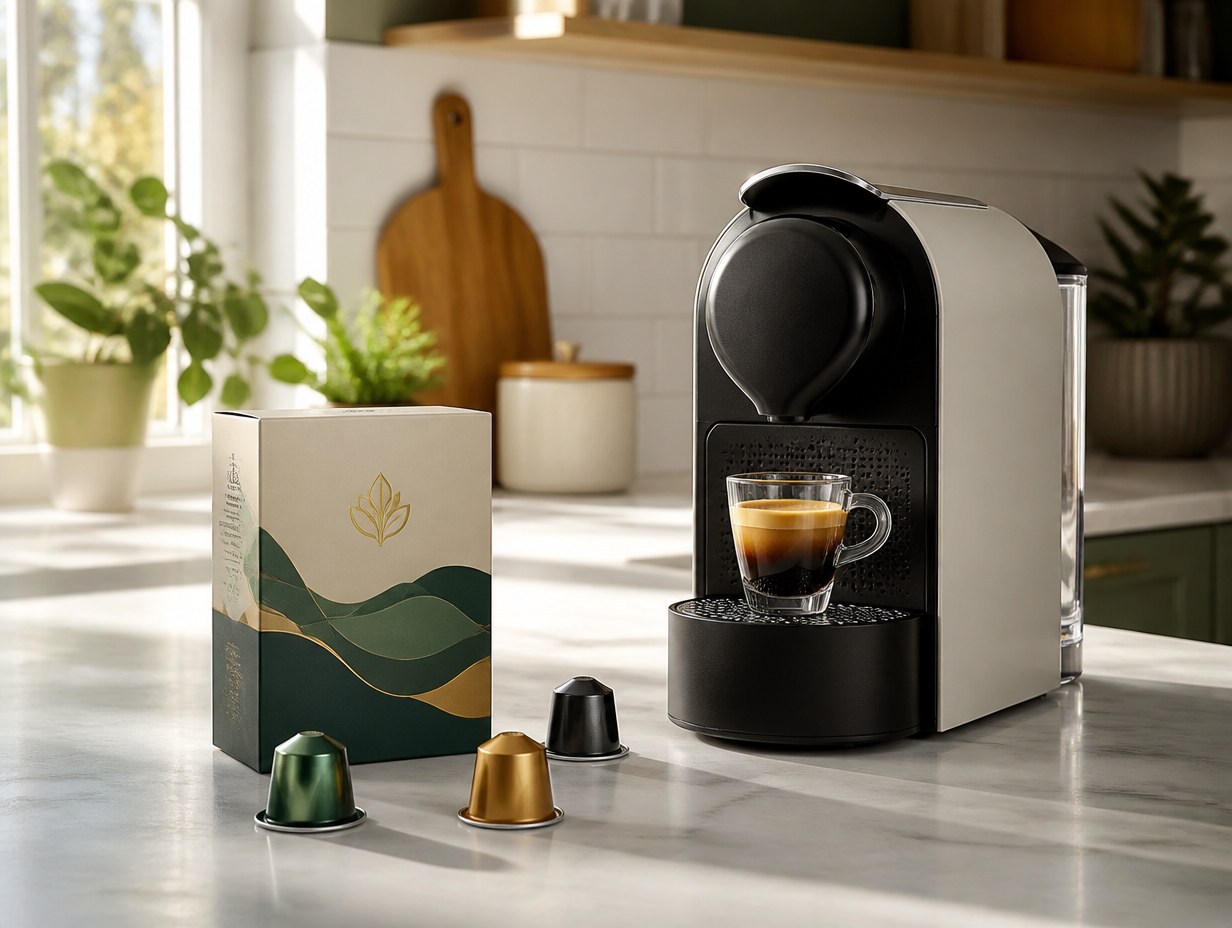 AI-generated coffee capsule box mockup sample