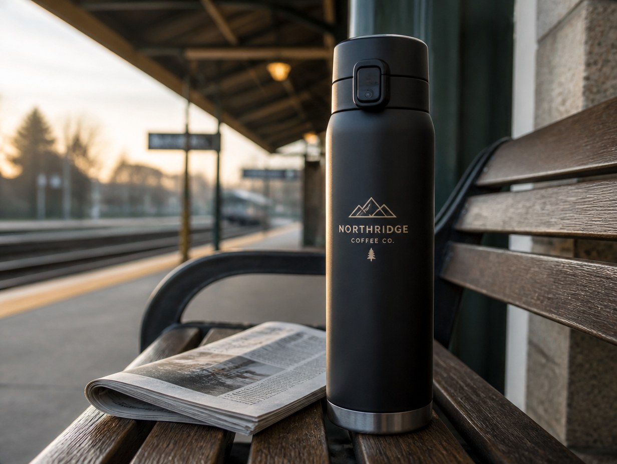 AI-generated coffee thermos mockup sample
