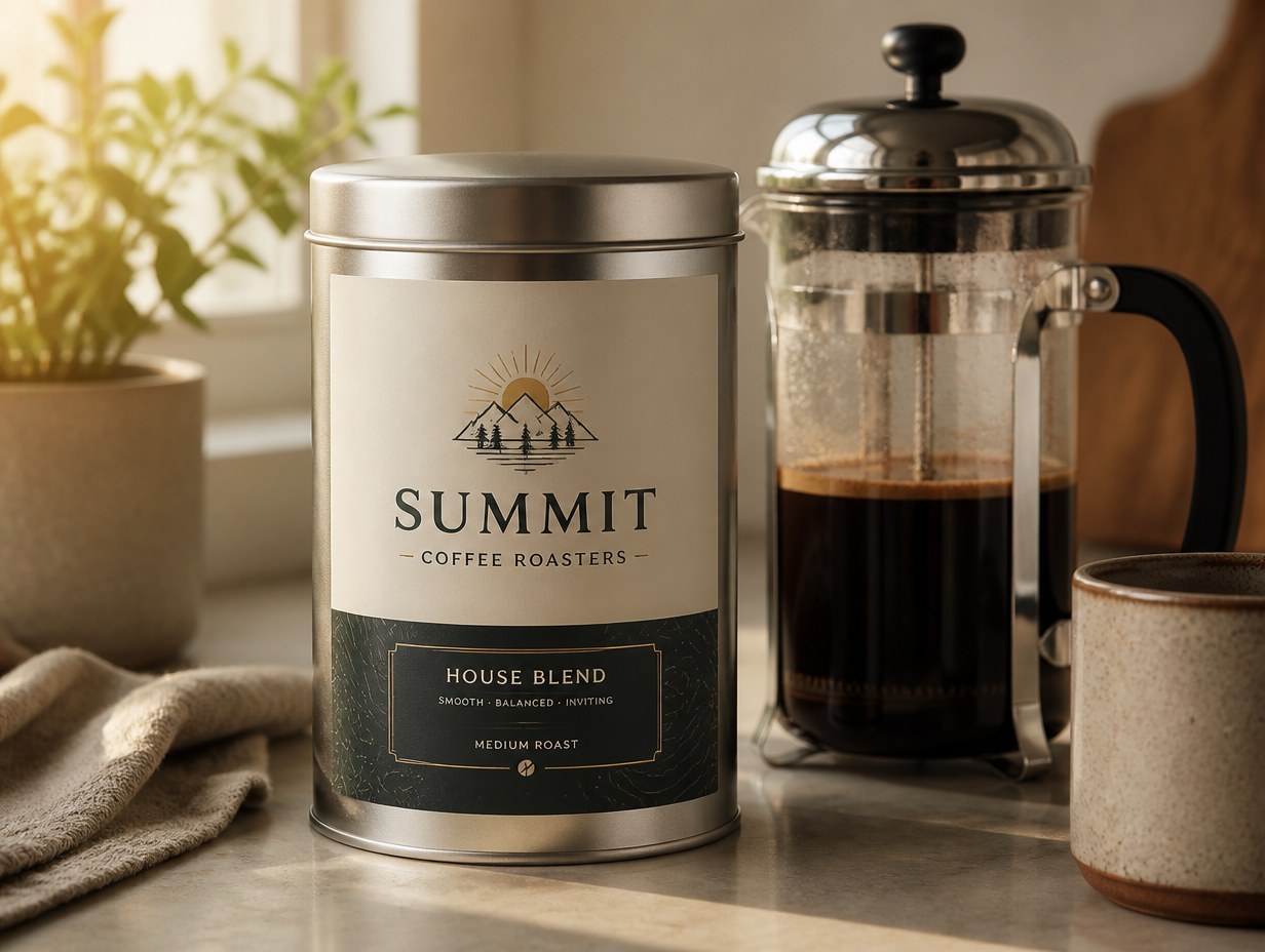 AI-generated coffee tin label mockup sample