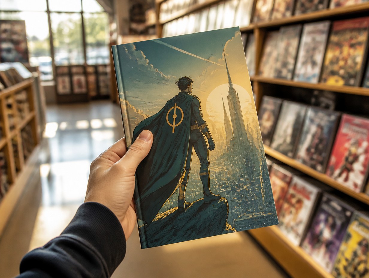 AI-generated comic book in hand mockup sample