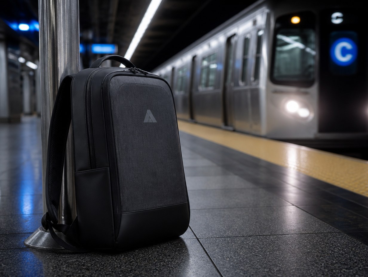 AI-generated commuter backpack mockup sample