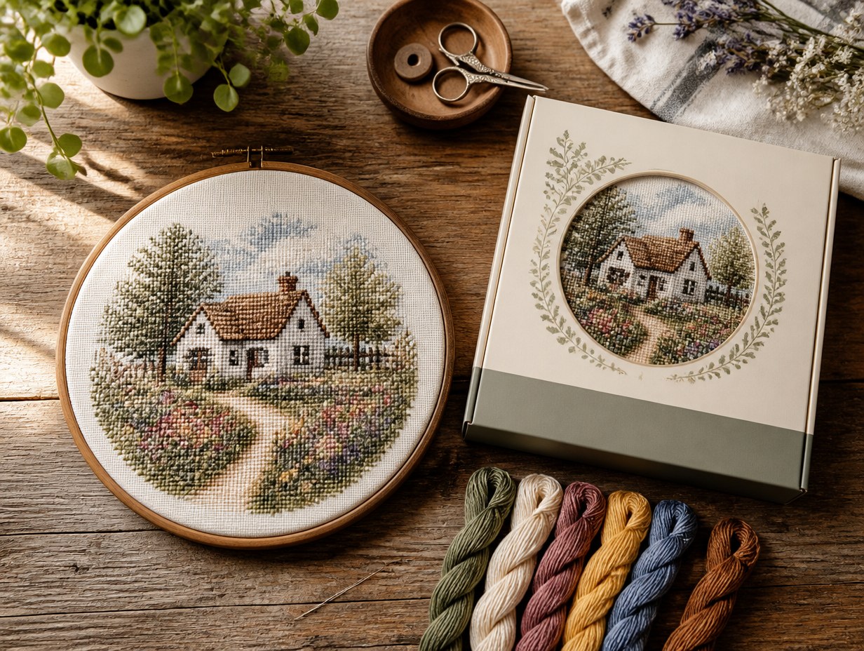 AI-generated cross stitch kit mockup sample