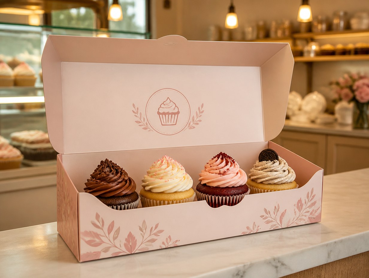 AI-generated cupcake box mockup sample