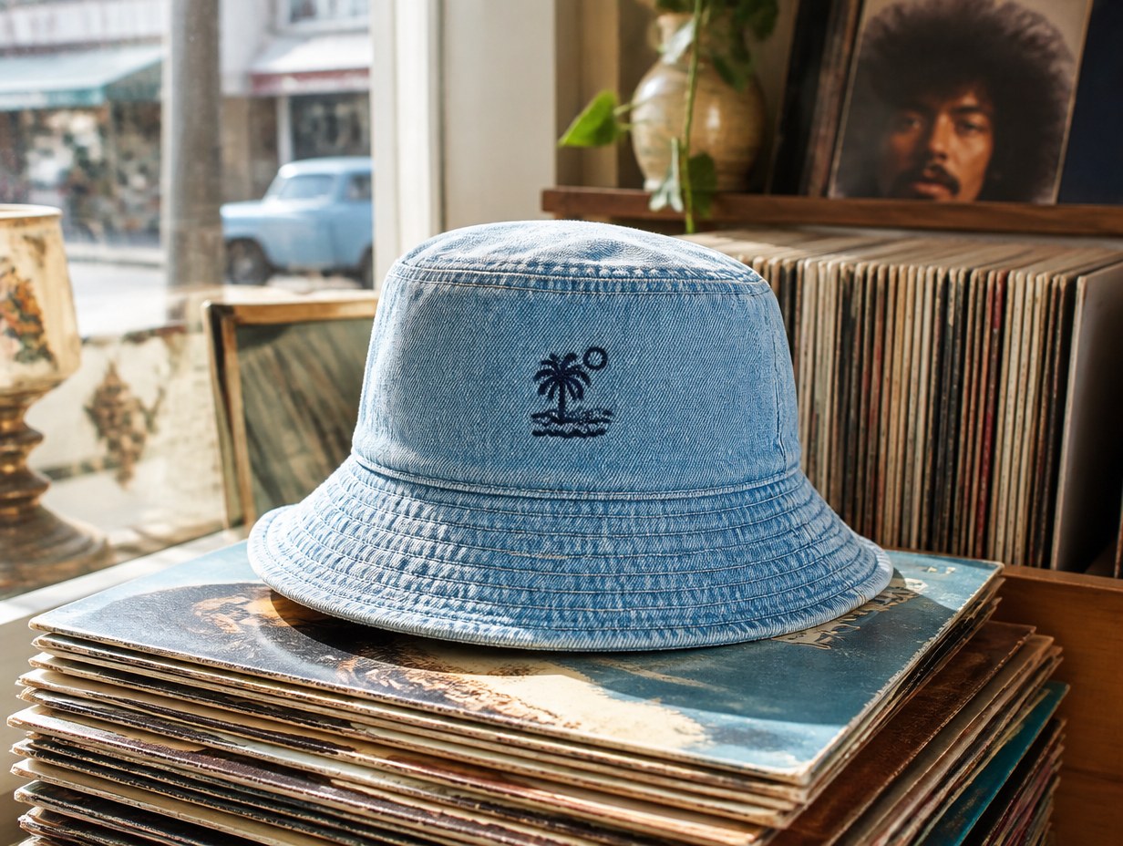 AI-generated denim bucket hat mockup sample