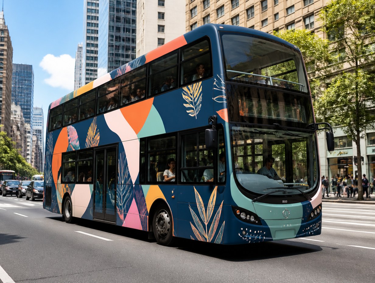AI-generated double decker bus wrap mockup sample