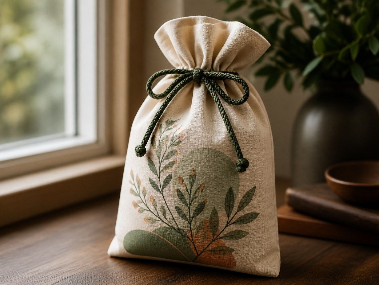 AI-generated drawstring gift bag mockup sample