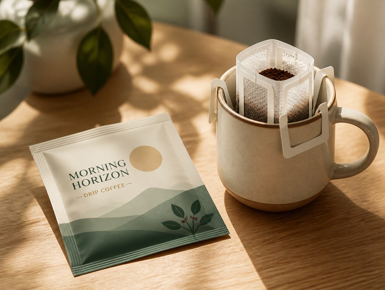 AI-generated drip coffee bag mockup sample