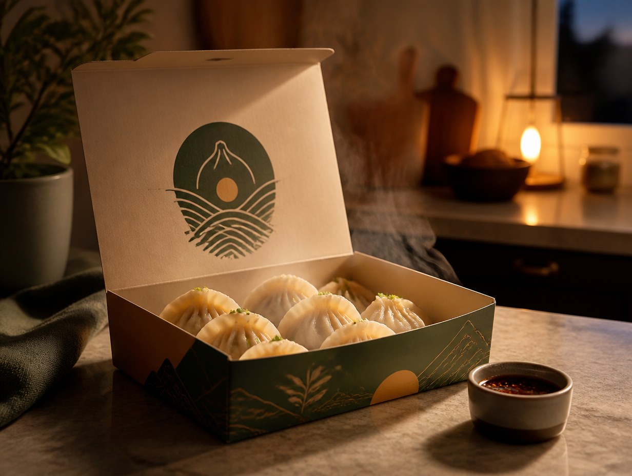 AI-generated dumpling box mockup sample