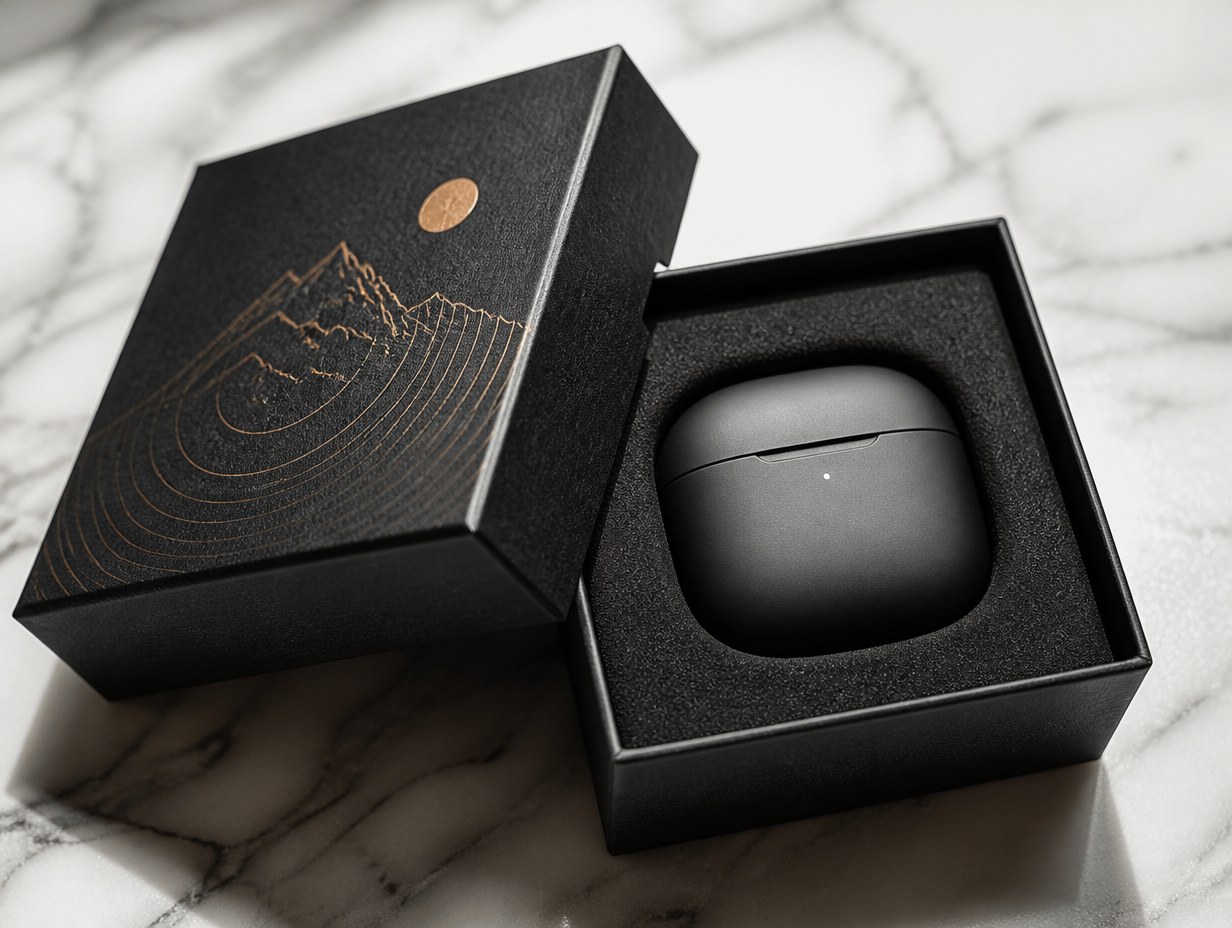 AI-generated earbuds box mockup sample