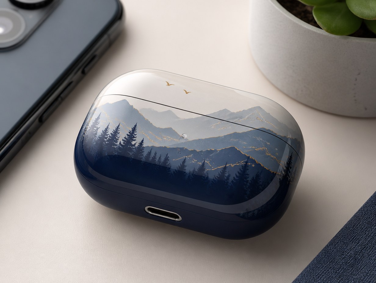 AI-generated earbuds charging case mockup sample