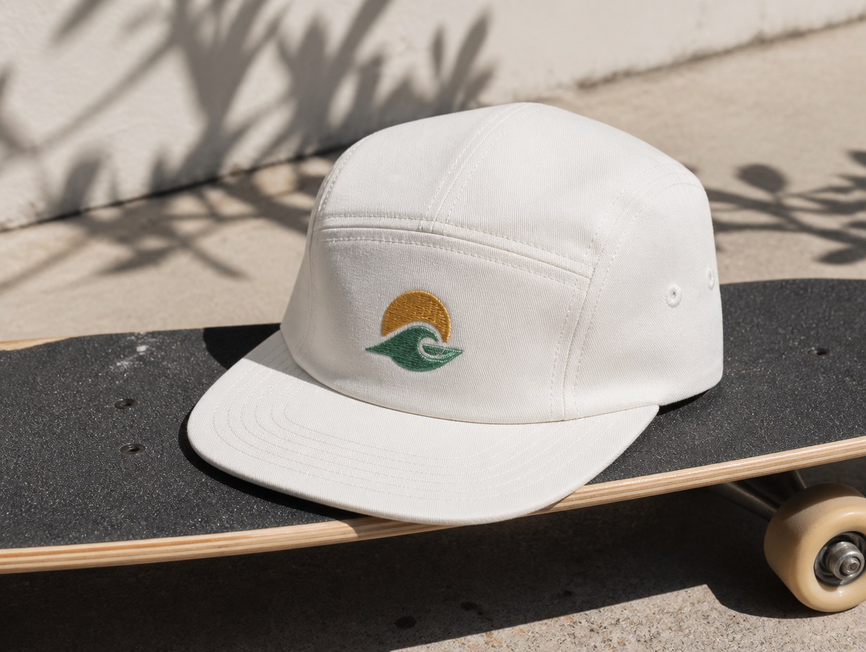 AI-generated embroidered 5-panel hat mockup sample