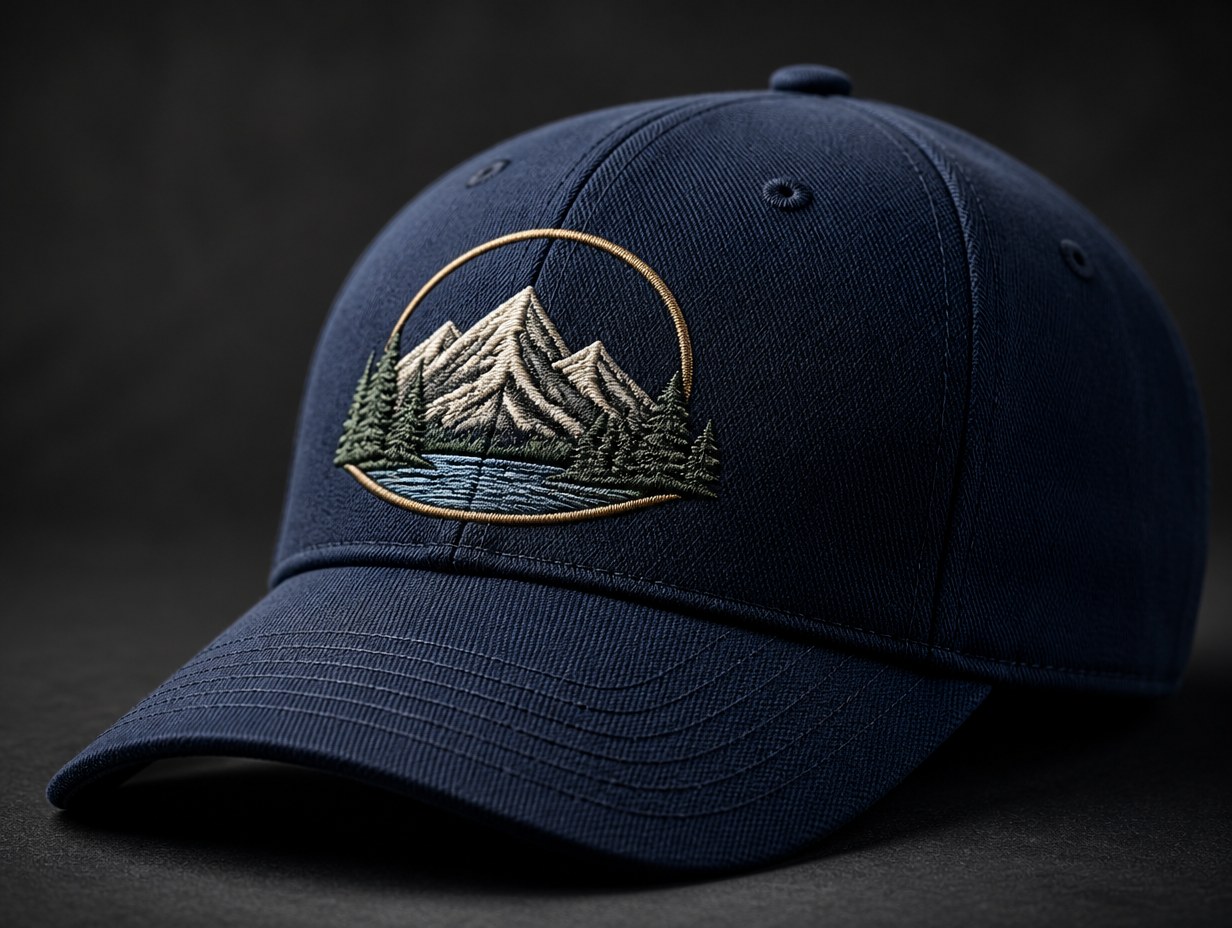 AI-generated embroidered baseball cap mockup sample