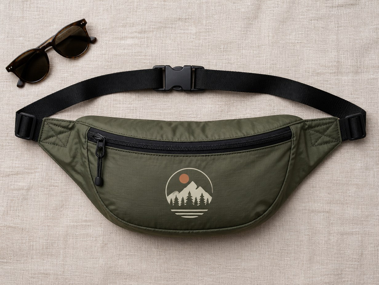 AI-generated fanny pack flat lay mockup sample
