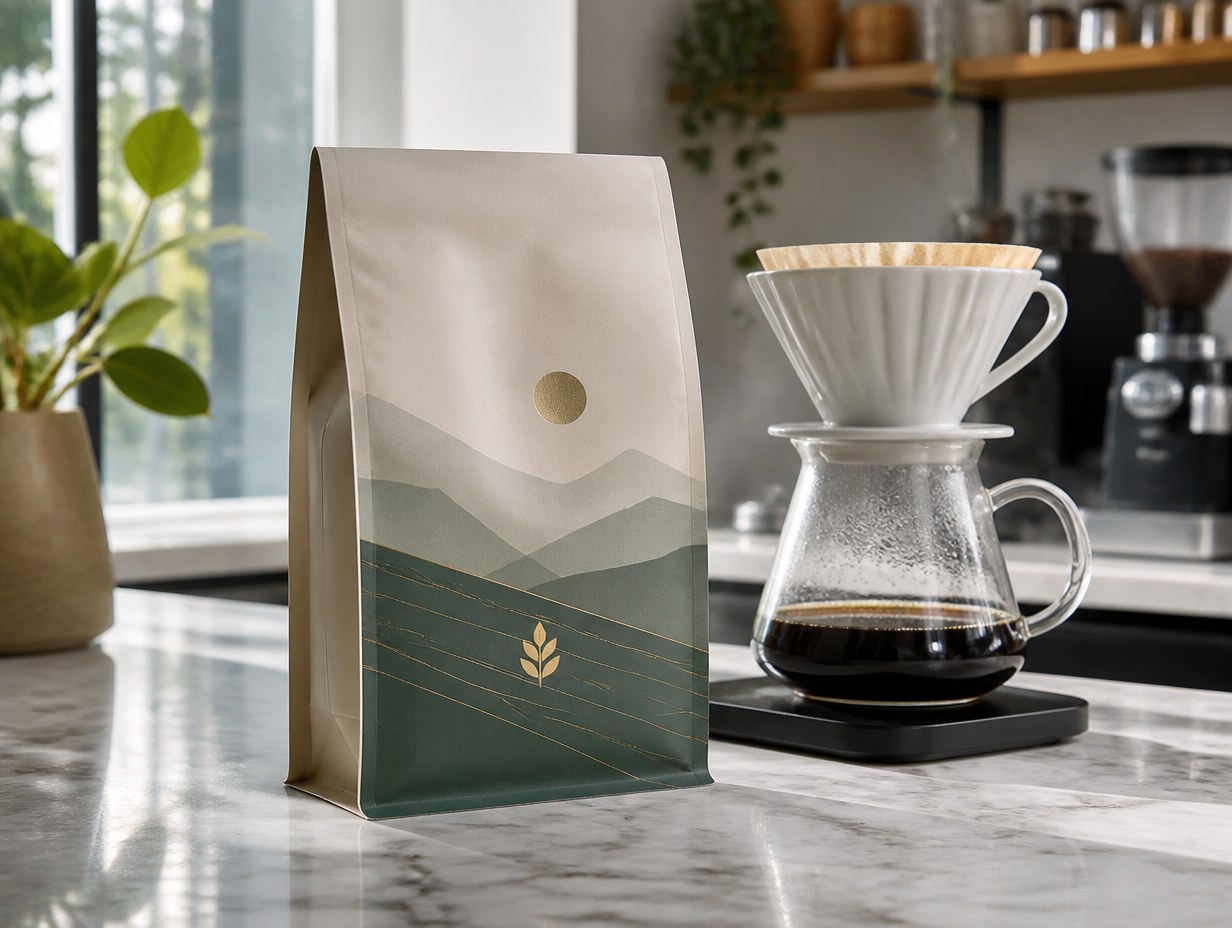 AI-generated flat-bottom coffee bag mockup sample
