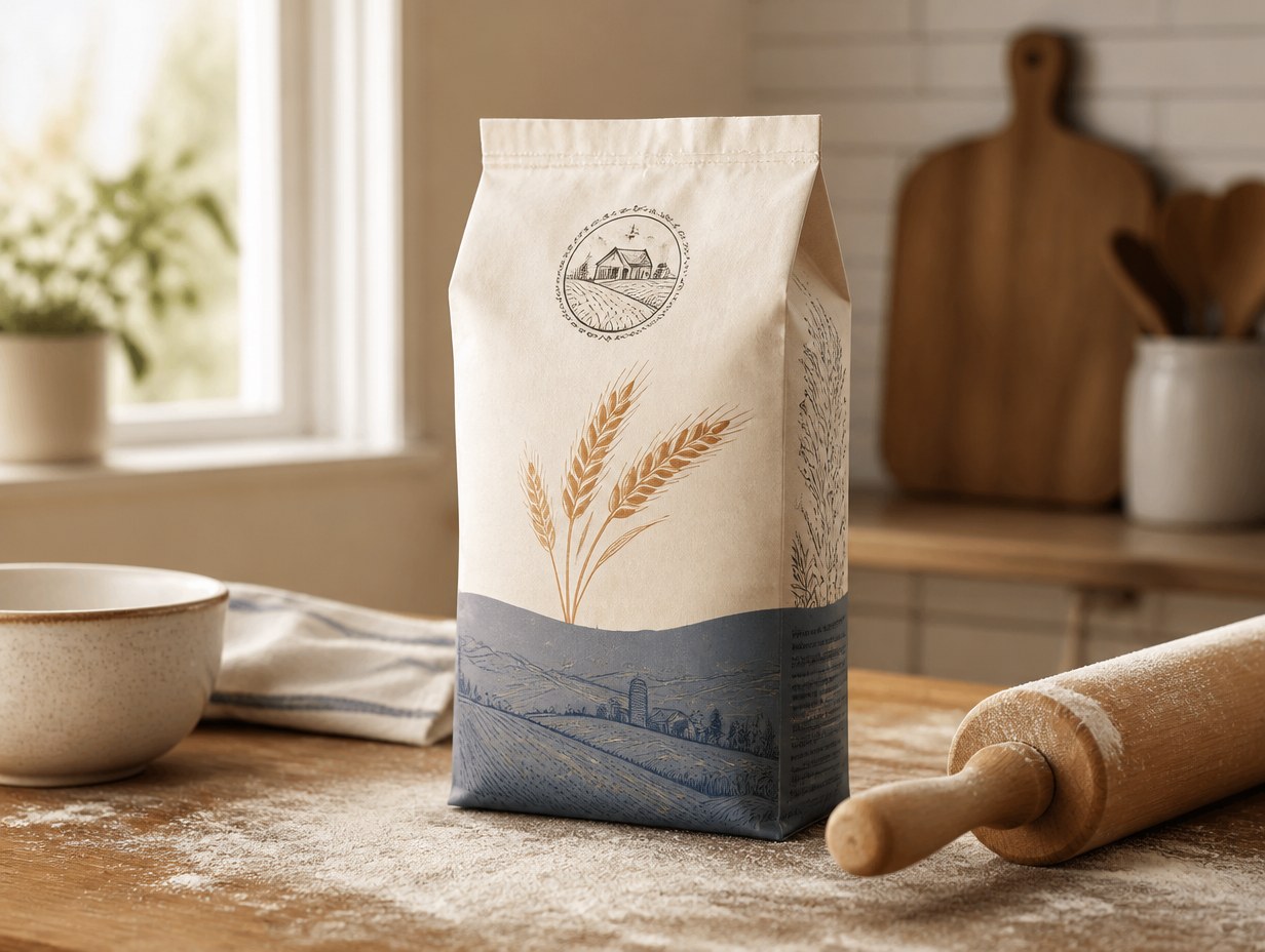 AI-generated flour bag mockup sample