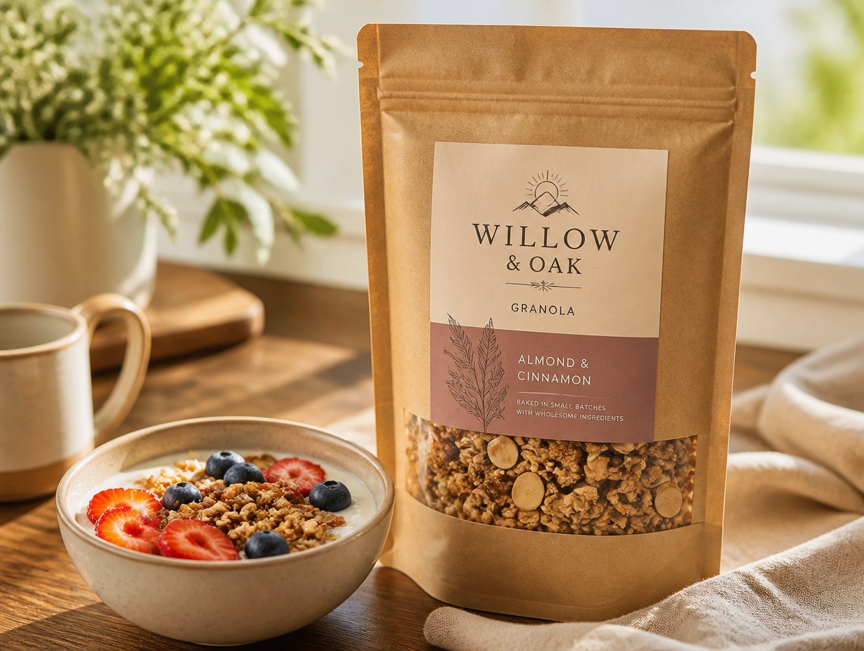 AI-generated granola label mockup sample