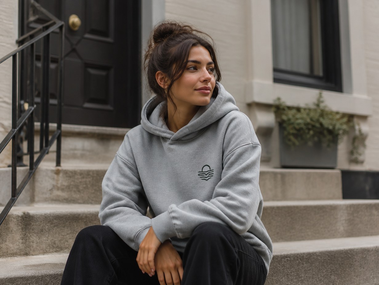 AI-generated gray hoodie mockup sample