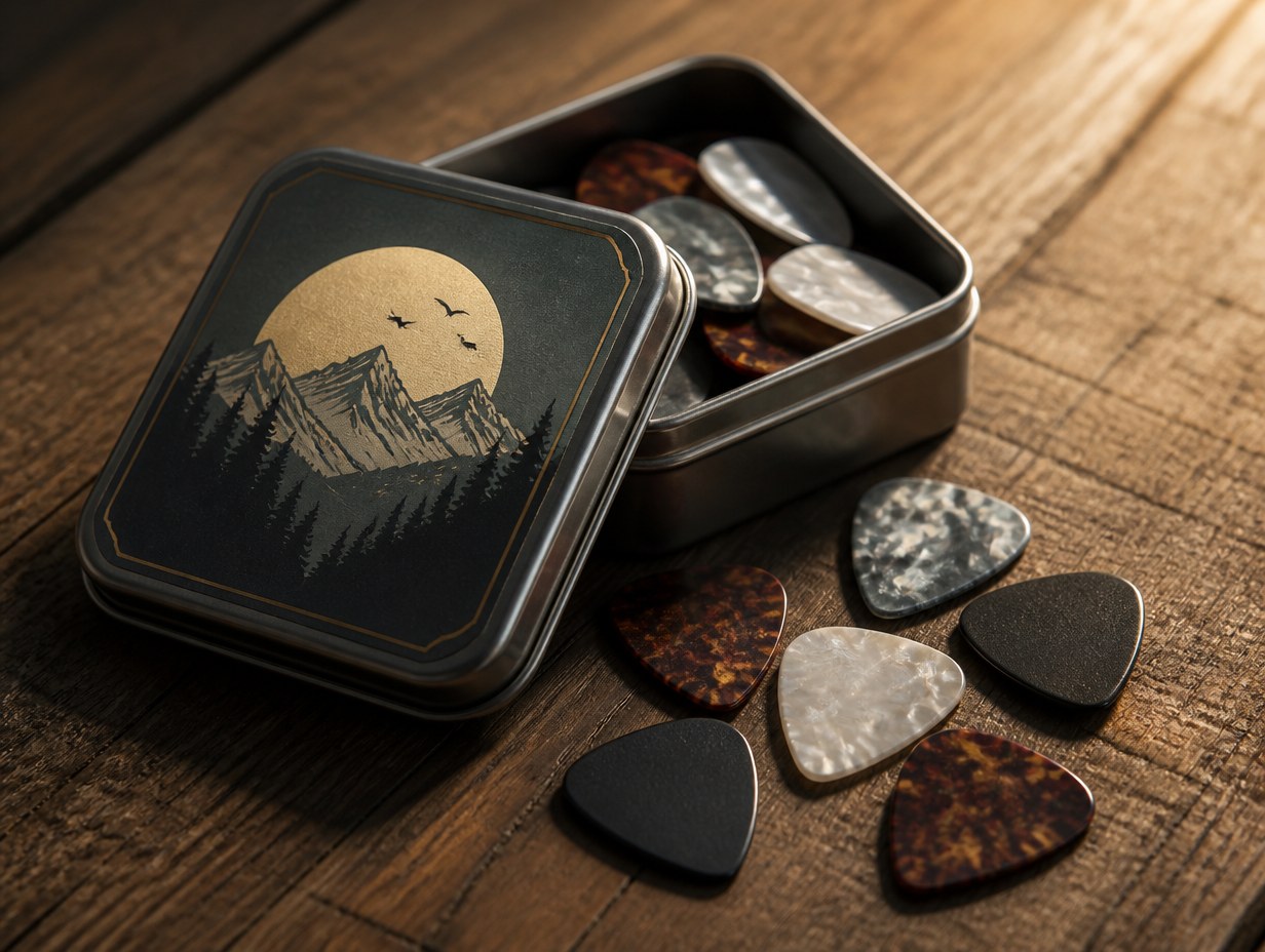 AI-generated guitar pick tin mockup sample