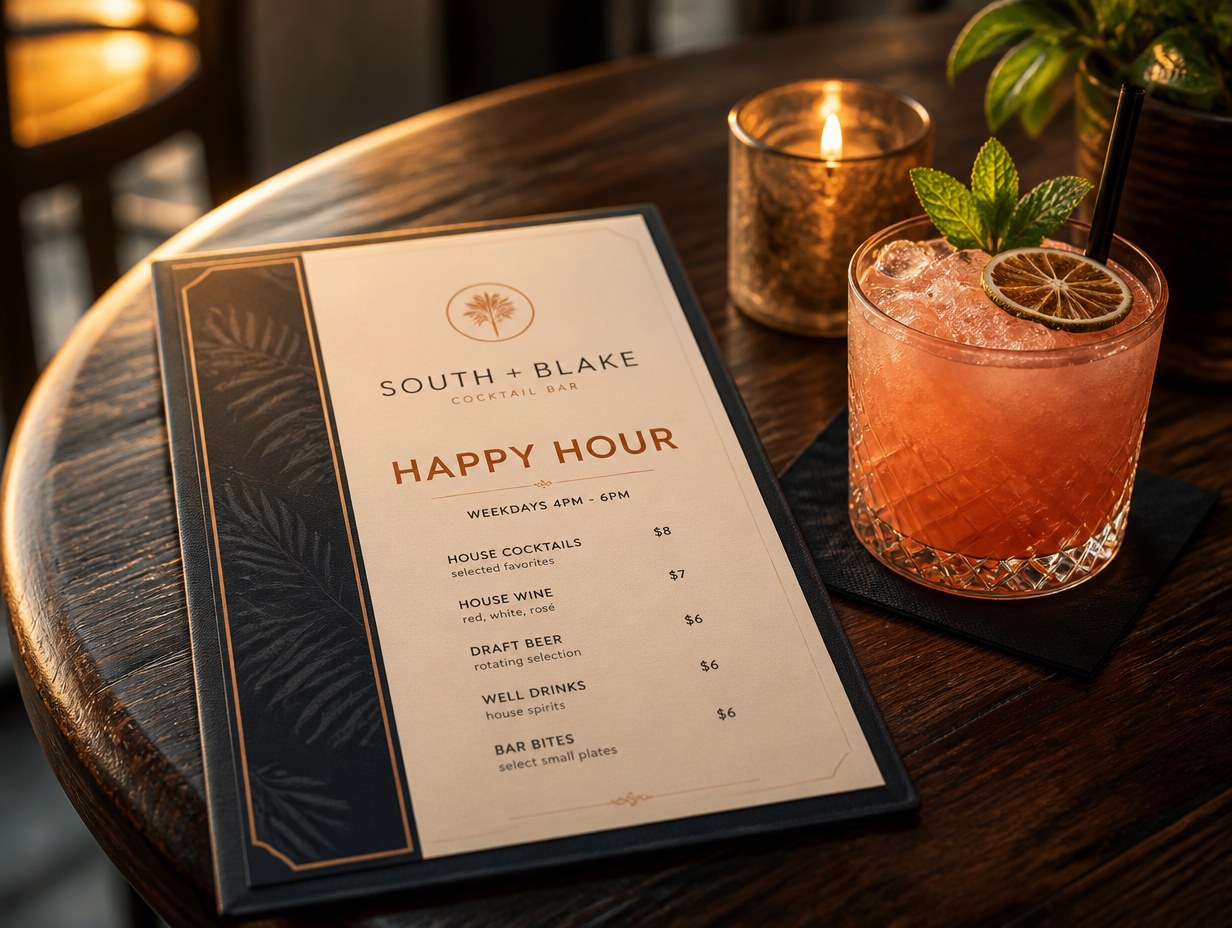 AI-generated happy hour menu mockup sample