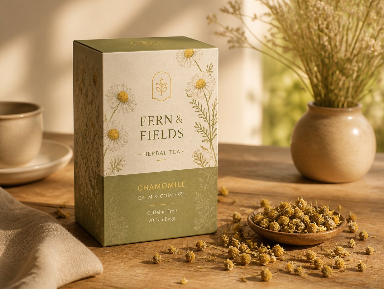 AI-generated herbal tea box mockup sample