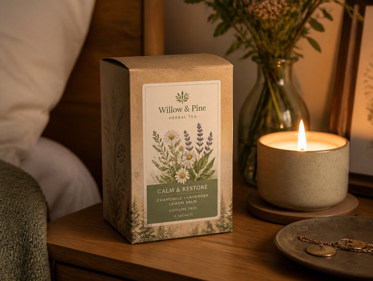 AI-generated herbal tea label mockup sample